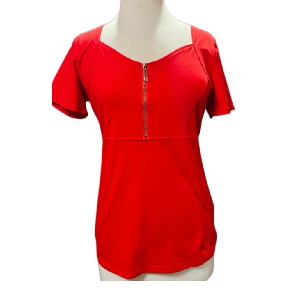 Breathable Red Short Sleeve Front Zipper Summer Top Lightweight Pull On Blouse